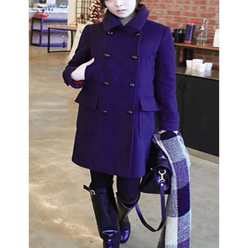 Women's Casual/Daily Simple Coat,Solid Notch Lapel Long Sleeve Winter Blue Polyester Medium