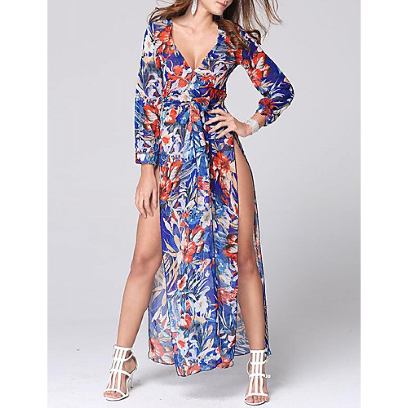 Women's Sexy Beach Casual Night Club Party Print Maxi Dress with Belt