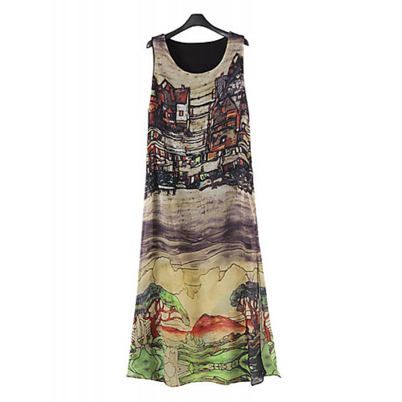 Women's Loose Dress,Print Round Neck Midi Sleeveless Summer