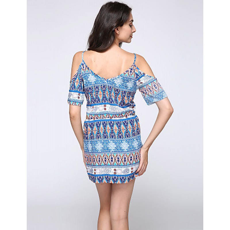 Women's Casual/Daily Boho Sheath Dress,Print Strap Above Knee Short Sleeve Blue Polyester Summer