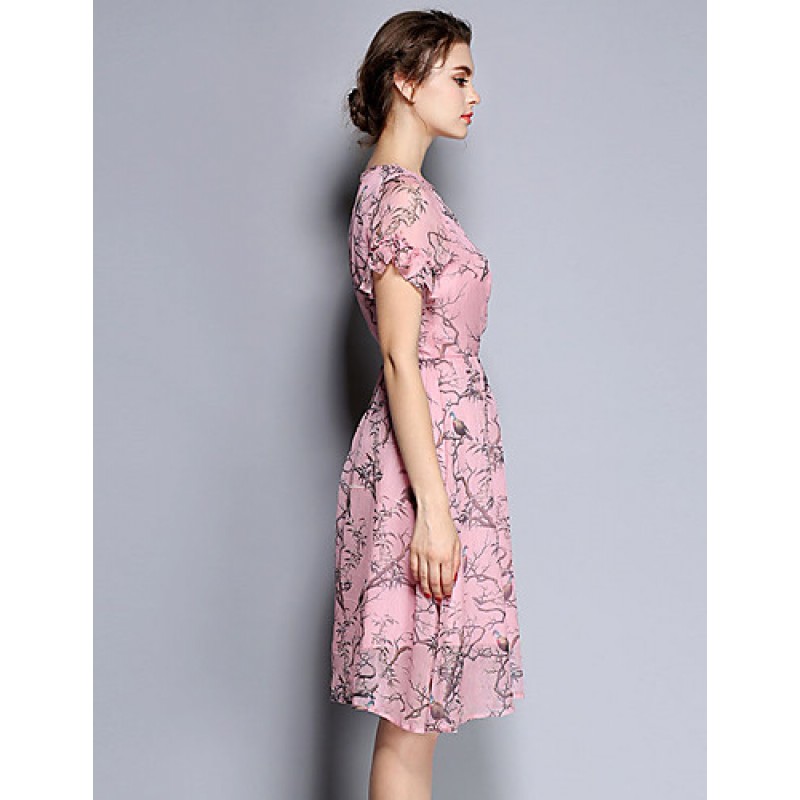 Women's Party/Cocktail Vintage Sheath / Chiffon Dress,Print Round Neck Knee-length Short Sleeve Pink Silk Summer