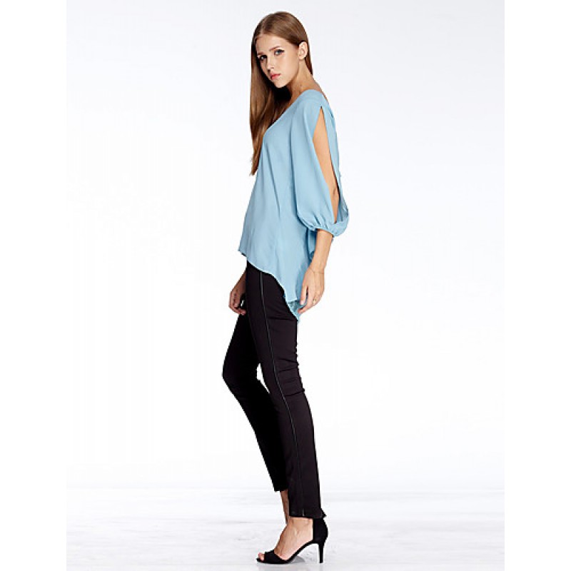 Women's Going out Simple Summer Blouse,Solid Round Neck ? Sleeve Blue Polyester Thin