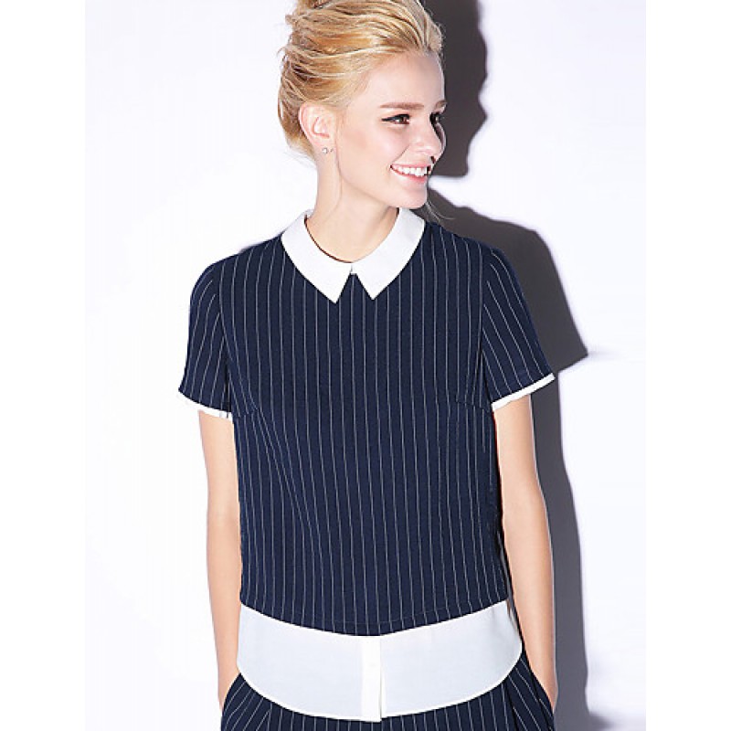 NewbeforeWomen's Going out Simple Summer BlouseStriped Shirt Collar Short Sleeve Blue / Brown