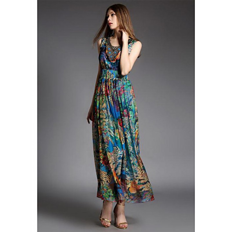 Going out Street chic Sheath Dress,Print V Neck Maxi Sleeveless Blue Silk Summer High Rise