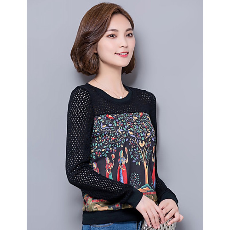 Women's Plus Size / Going out / Casual/Daily Street chic Spring / Fall T-shirtPrint / Patchwork Long Sleeve Black