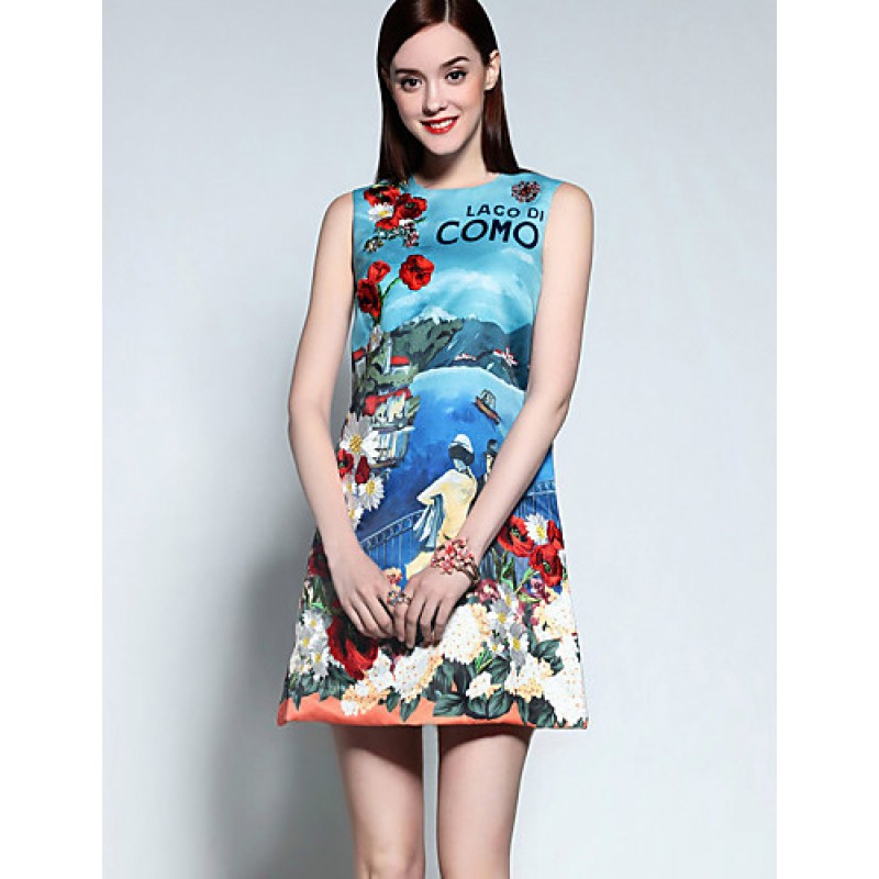 Boutique S Women's Casual/Daily Cute A Line Dress,Print Round Neck Above Knee Sleeveless Blue Cotton Summer