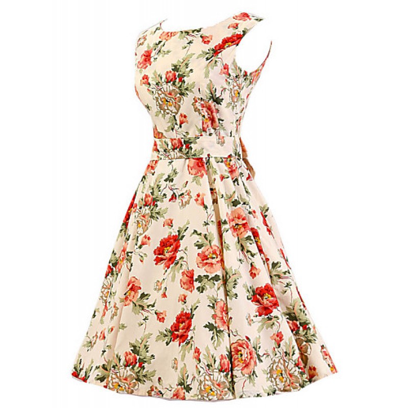 Women's Cream Floral Dress , Vintage Sleeveless 50s Rockabilly Swing Short Cocktail Dress