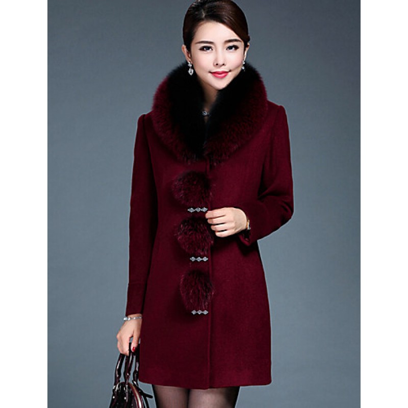 Women's Plus Size / Casual/Daily Simple Coat,Solid Round Neck Long Sleeve Winter Red / Black Wool / Faux Fur Thick