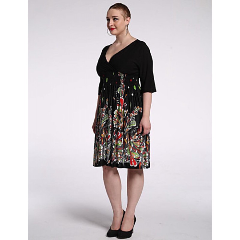 Women's Beach / Plus Size Boho Chiffon Dress,Floral V Neck Knee-length 陆 Length Sleeve Black Polyester / Spandex Summer