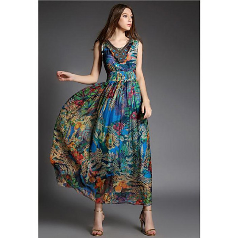 Going out Street chic Sheath Dress,Print V Neck Maxi Sleeveless Blue Silk Summer High Rise