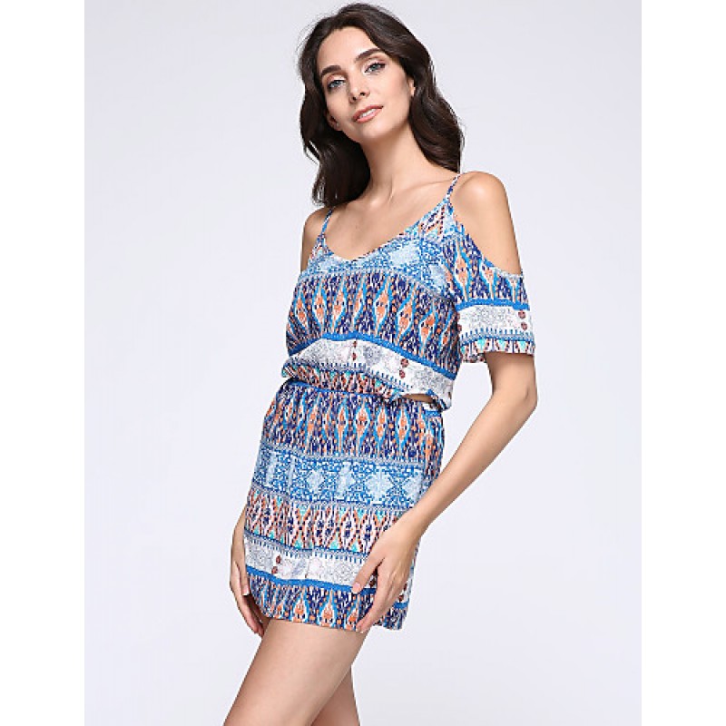 Women's Casual/Daily Boho Sheath Dress,Print Strap Above Knee Short Sleeve Blue Polyester Summer