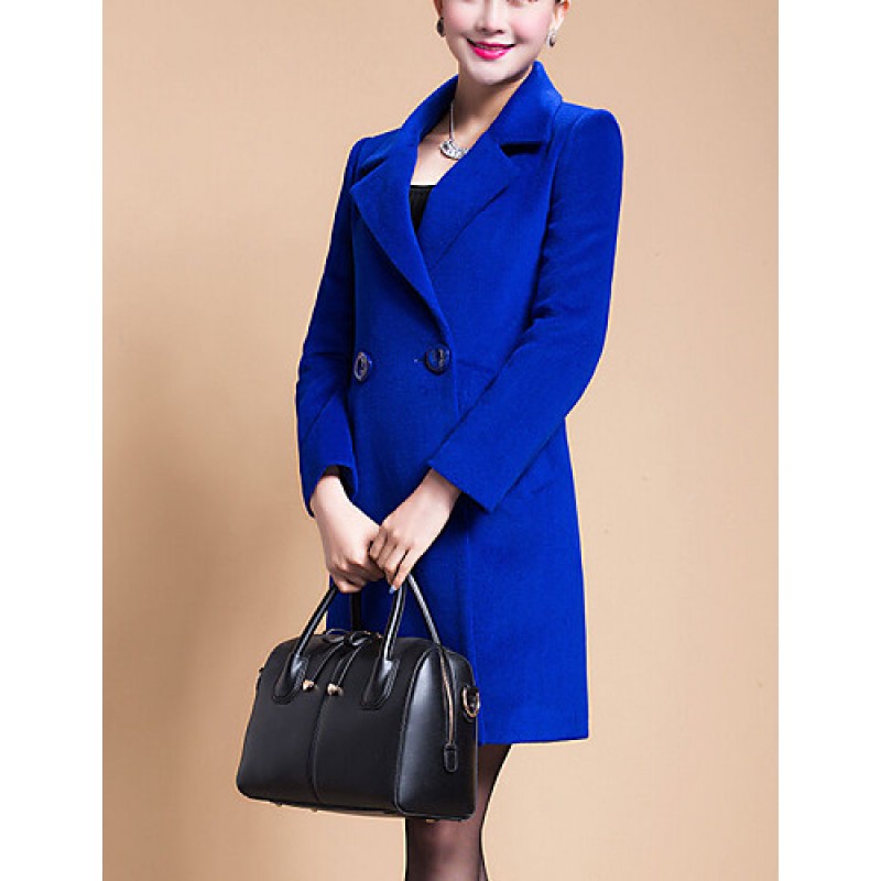 Women's Plus Size Coat,Solid Shirt Collar Long Sleeve Winter Blue / Black / Yellow Wool / Others Thick