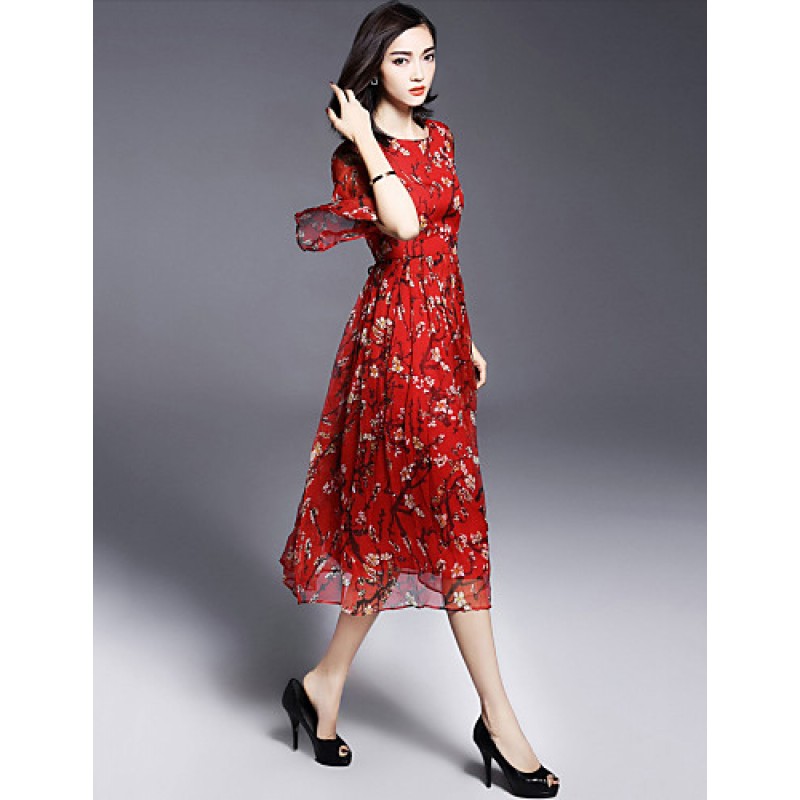 Women's Casual/Daily Boho / Street chic Plus Size / Chiffon Dress,Floral Round Neck Midi ? Length Sleeve Red Silk Summer