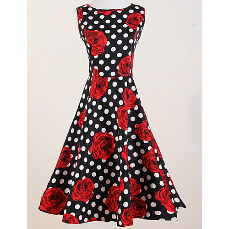 Women's Vintage Slim Polka Dot Rose Print Sleevele...