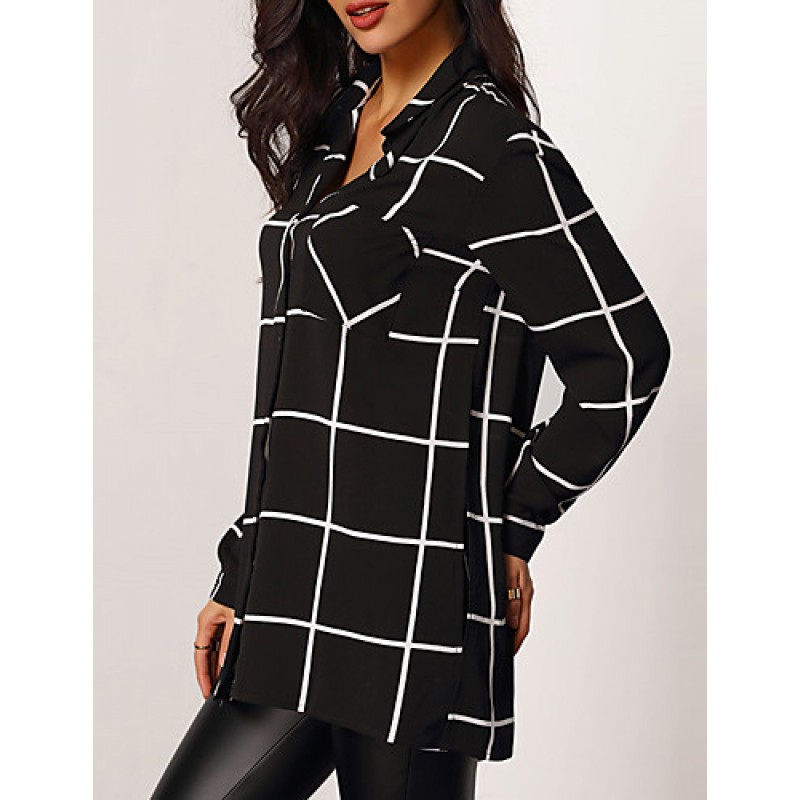 Women's Casual/Daily Simple All Seasons ShirtStriped Shirt Collar Long Sleeve Black Rayon / Polyester Thin