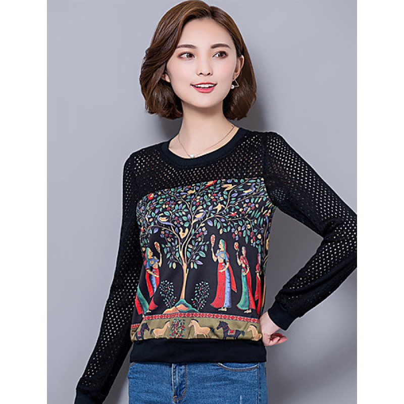 Women's Plus Size / Going out / Casual/Daily Street chic Spring / Fall T-shirtPrint / Patchwork Long Sleeve Black