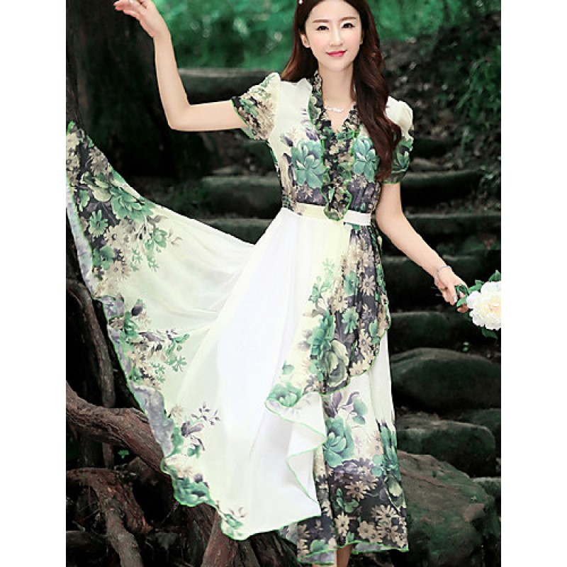 Women's Vintage Party Micro Elastic Short Sleeve Midi Dress (Chiffon)