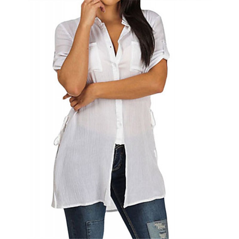 Women's White Button up Tunic Shirt with Lace up S...