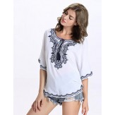 Women's Casual/Daily Sexy Summer Shirt,Embroidered Round Neck ? Length Sleeve White Polyester Opaque