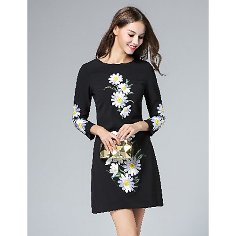 Boutique S Women's Casual/Daily Vintage Shift Dress,Embroidered Round Neck Above Knee Long Sleeve Polyester Fall