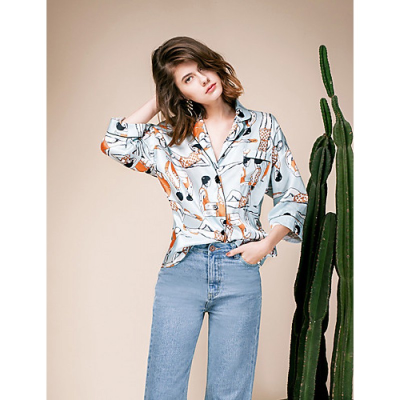 LIANGSANSHIWomen's Casual/Daily Street chic Summer Shirt,Print Shirt Collar ? Sleeve Blue Polyester / Others Thin