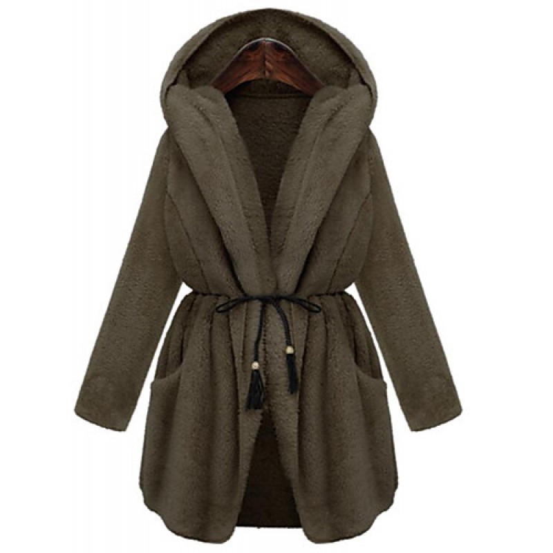 Women's Plus Size Simple Coat,Solid Hooded Long Sleeve Winter White / Brown / Green Nylon Thick