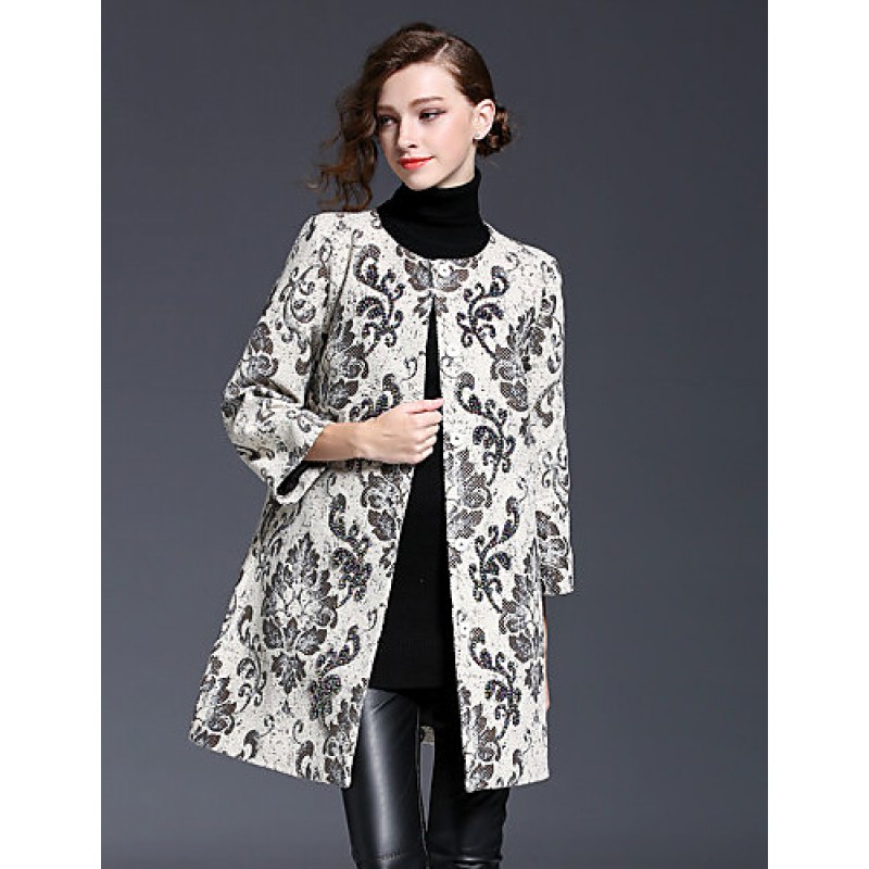 Women's Going out Sophisticated CoatFloral Round Neck Long Sleeve Winter White