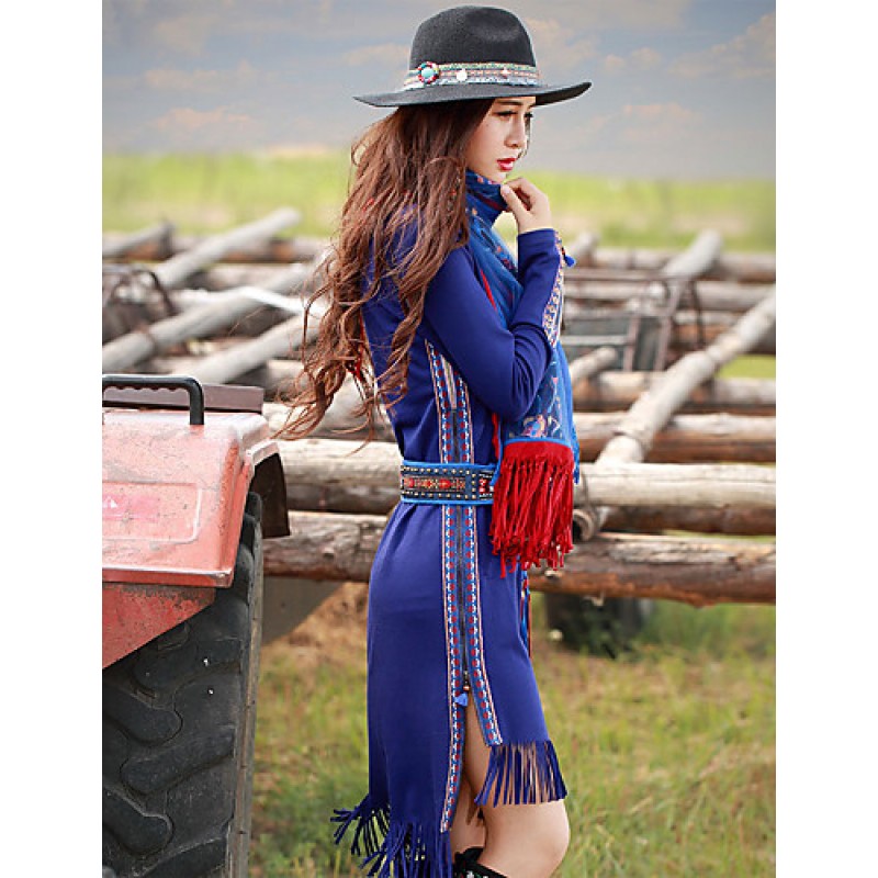 Our StoryGoing out Vintage Sheath DressPaisley Round Neck Midi Long Sleeve Blue Polyester / Spandex Spring