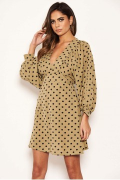 Khaki Polka Dot V Neck Dress