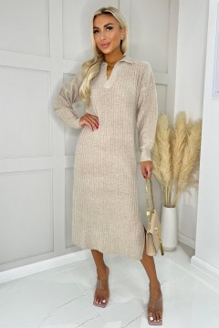 Oatmeal Knit Long Sleeve Collared Midi Dress