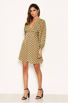 Khaki Polka Dot V Neck Dress