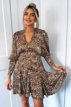 Brown And White Spotty V-Neck Long Sleeve Skater Dress