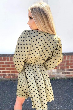 Khaki Polka Dot V Neck Dress